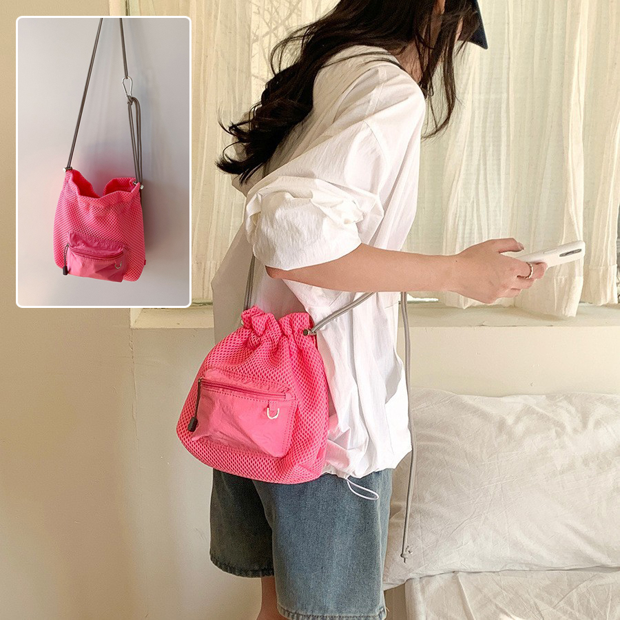 Small Mesh Drawstring Bucket Bag Shoulder Bag